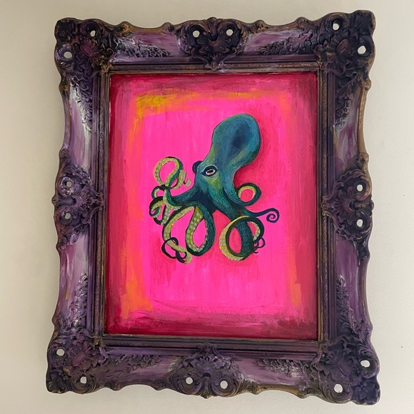 Original Octopus Acrylic Painting over a Thrifted Framed Art Print - 26x22” - Picture 2 of 9